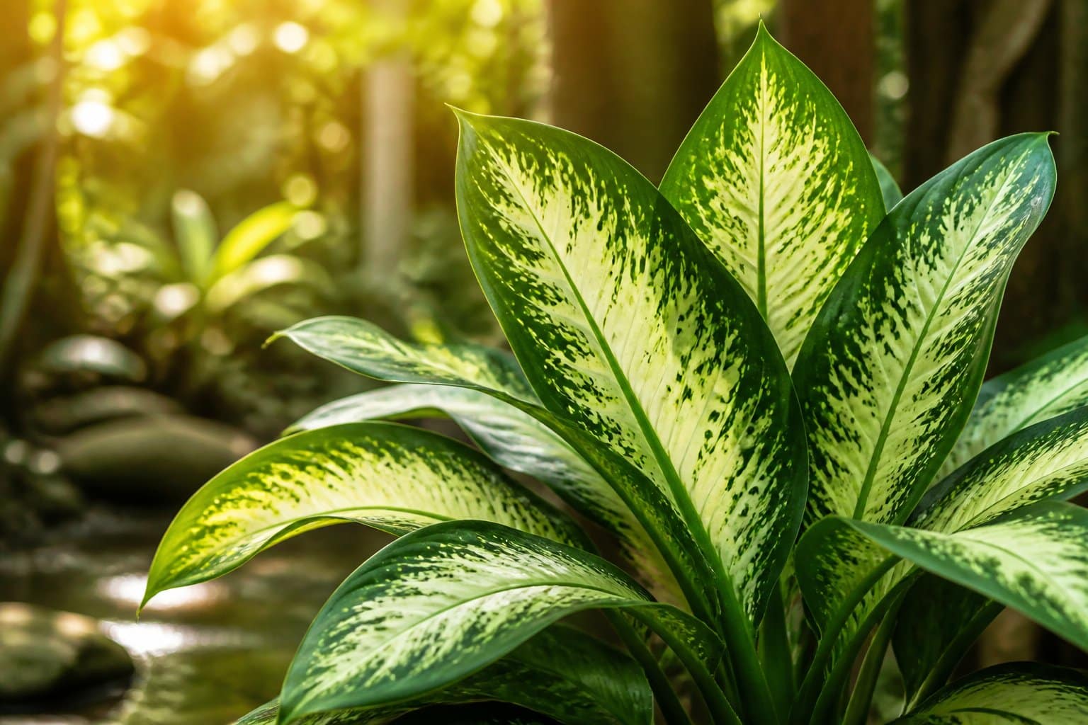 Planta comigo ninguém-pode com folhas grandes verdes e brancas em um ambiente natural e tranquilo.