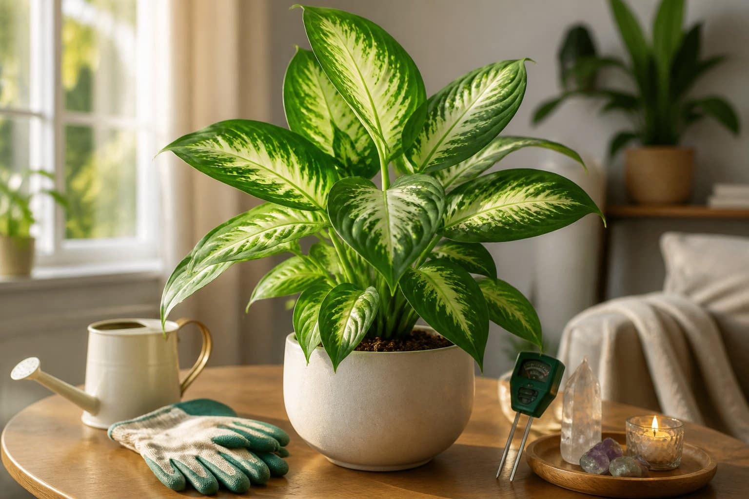 Planta comigo ninguém-pode saudável em vaso sobre mesa de madeira, com acessórios de cultivo ao redor, em ambiente interno iluminado pela luz natural.