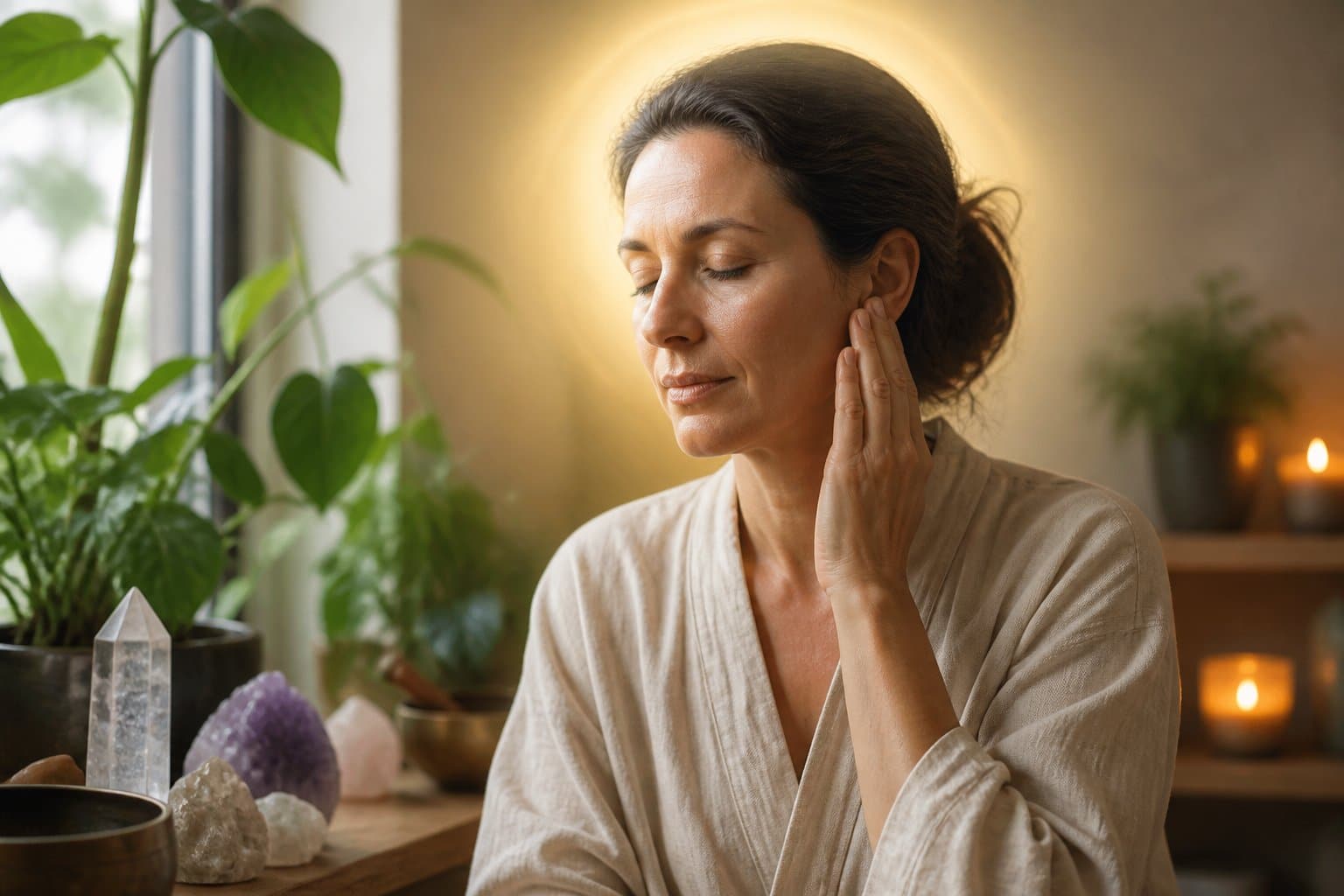 Pessoa adulta tocando suavemente o ouvido direito com expressão pensativa, em ambiente tranquilo com elementos naturais ao redor.