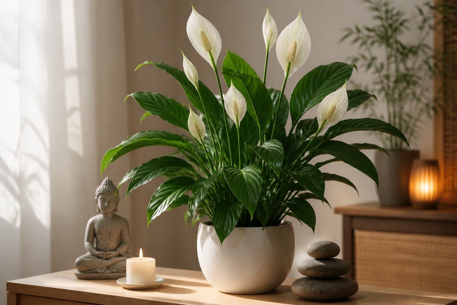 Uma planta lírio da paz branca saudável em um ambiente interno tranquilo, com elementos de espiritualidade como vela acesa e pedras, em um espaço iluminado suavemente pela luz natural.