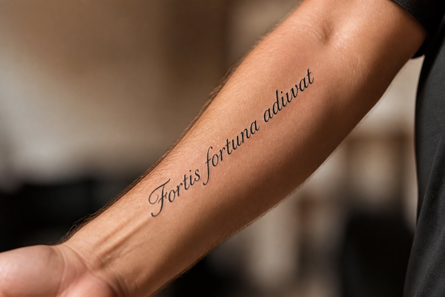 Braço com uma tatuagem de frase curta em latim em destaque.