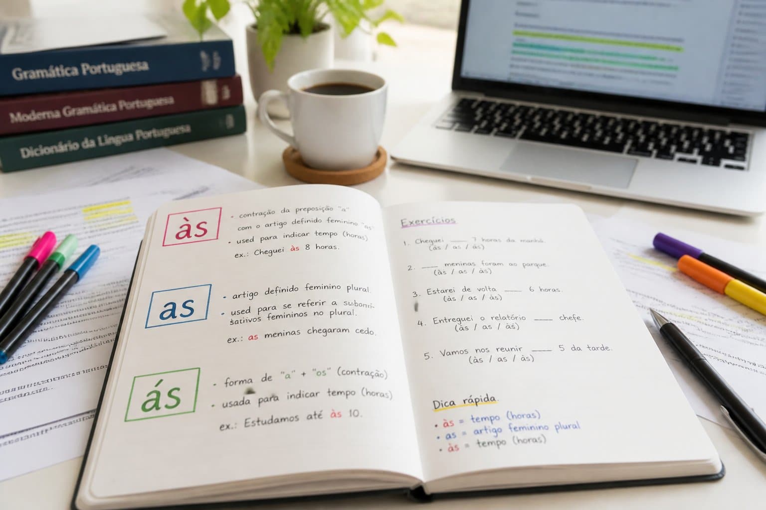 Mesa com livro aberto, anotações, papéis espalhados, laptop e xícara de café, representando estudo de gramática portuguesa.