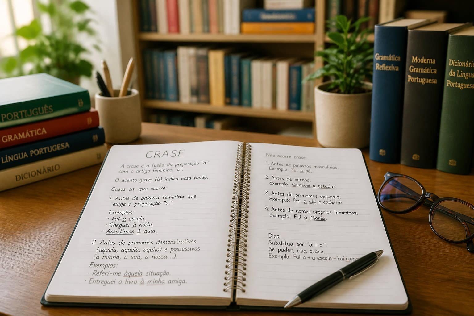 Mesa de estudo organizada com caderno aberto, caneta e óculos, em um ambiente iluminado e com estantes de livros ao fundo.