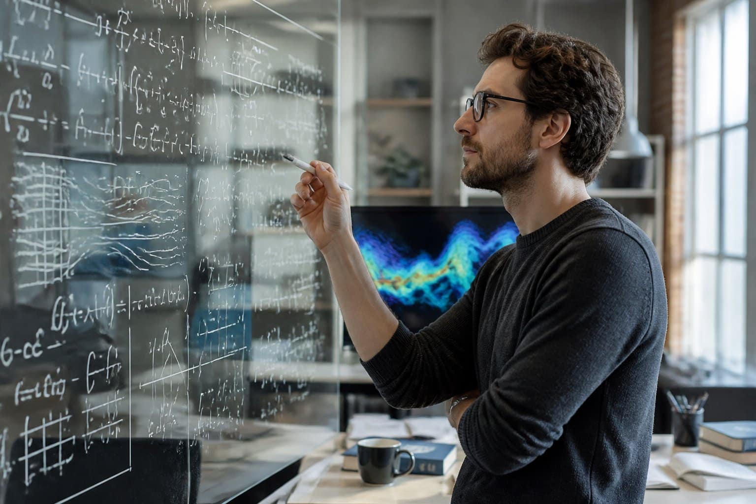 Cientista analisando fórmulas complexas sobre um quadro de vidro em um laboratório moderno.