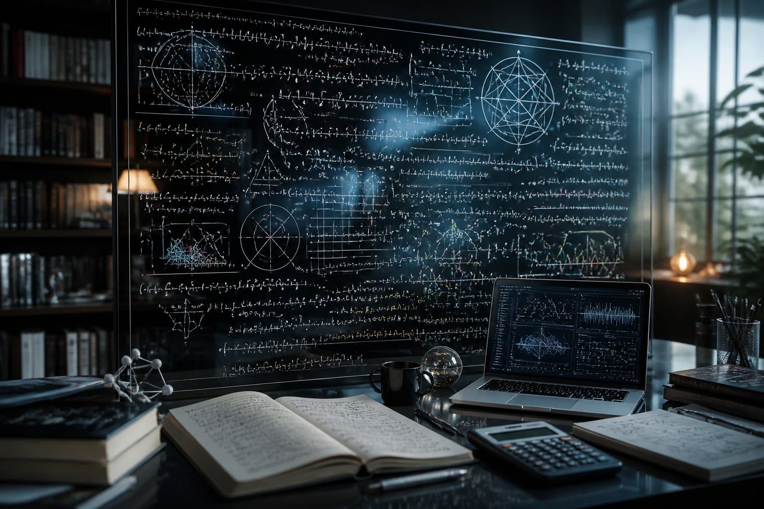 Um quadro cheio de fórmulas matemáticas complexas em um ambiente de estudo moderno com materiais científicos ao redor.