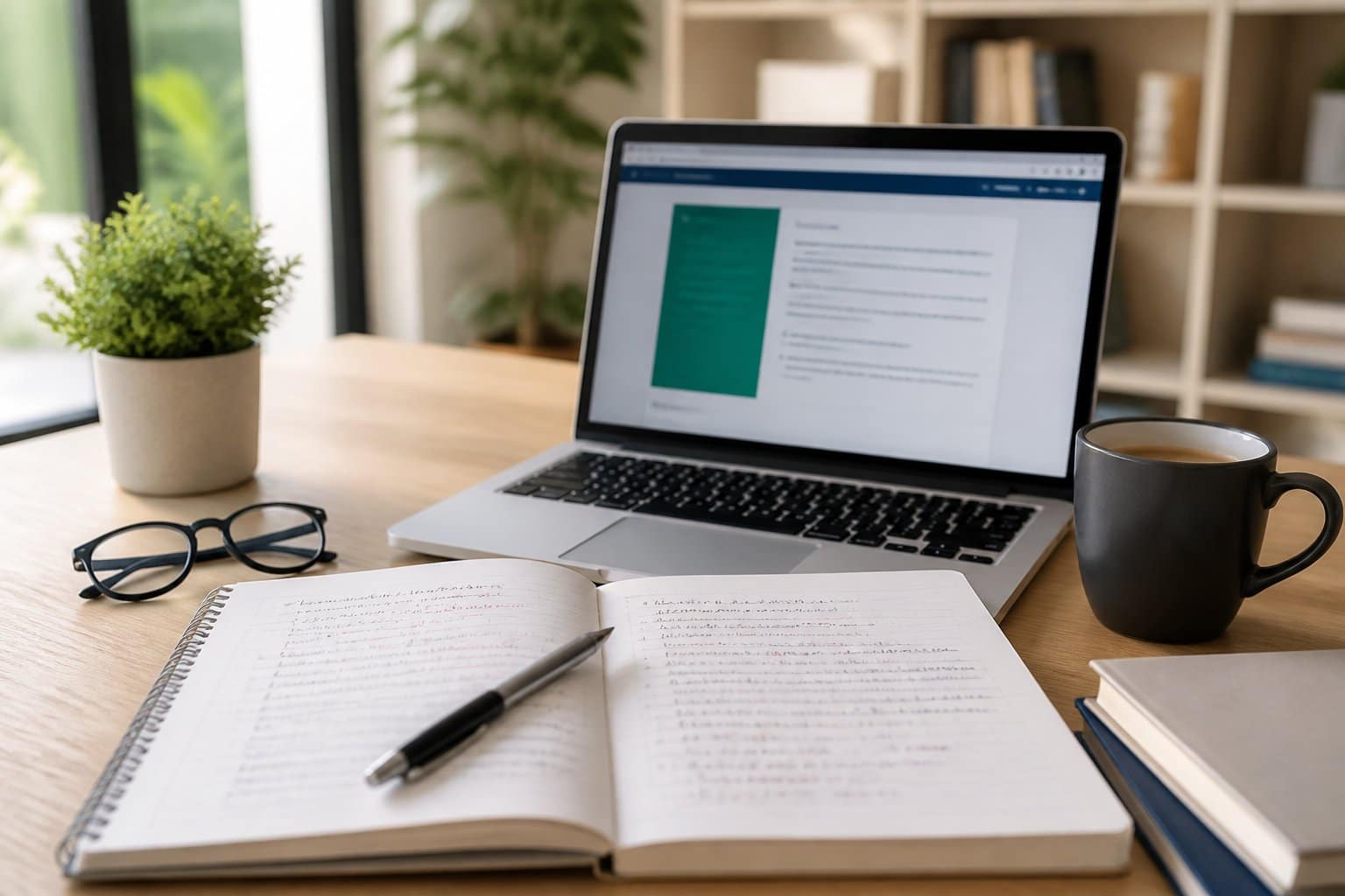 Mesa de estudo organizada com caderno aberto, laptop e xícara de café em ambiente iluminado e tranquilo.