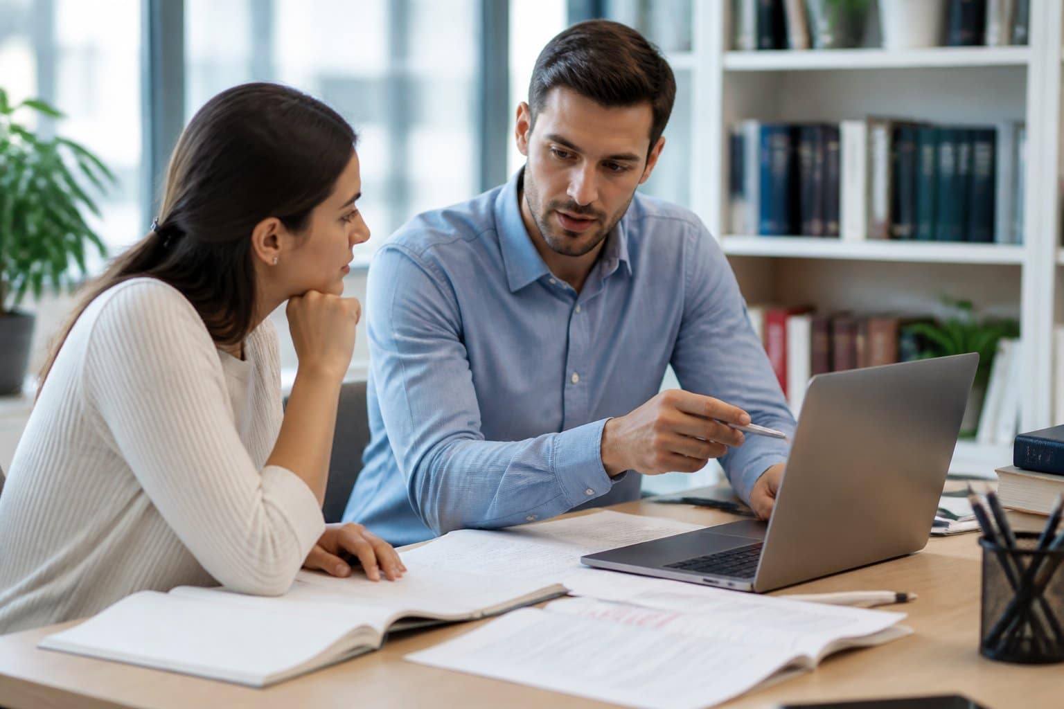Duas pessoas discutindo documentos e um laptop em um escritório iluminado, com livros ao fundo, simbolizando estudo de linguagem.