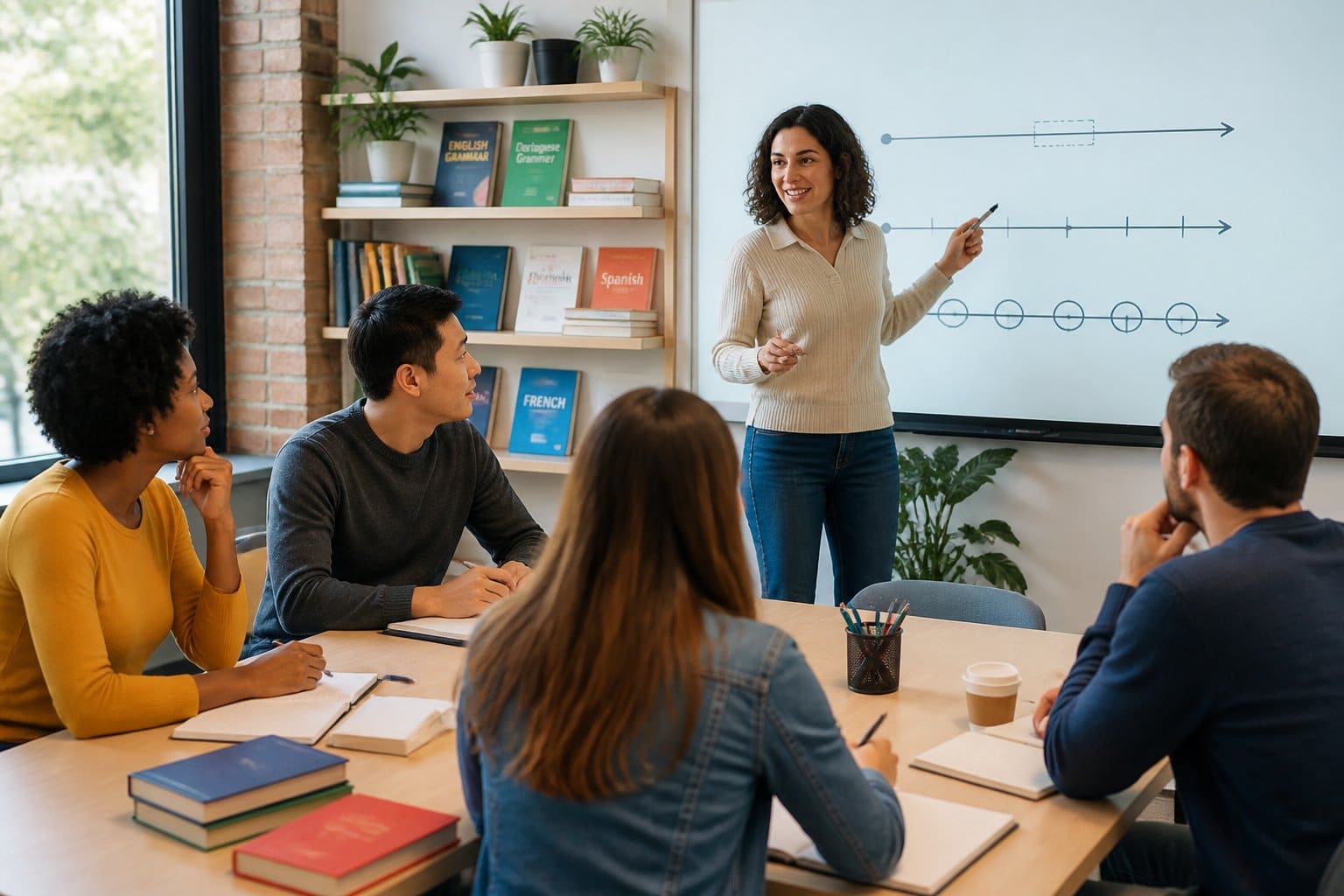 Pessoas em uma sala de aula ou escritório discutindo expressões temporais na linguagem, com quadro branco e livros ao fundo.