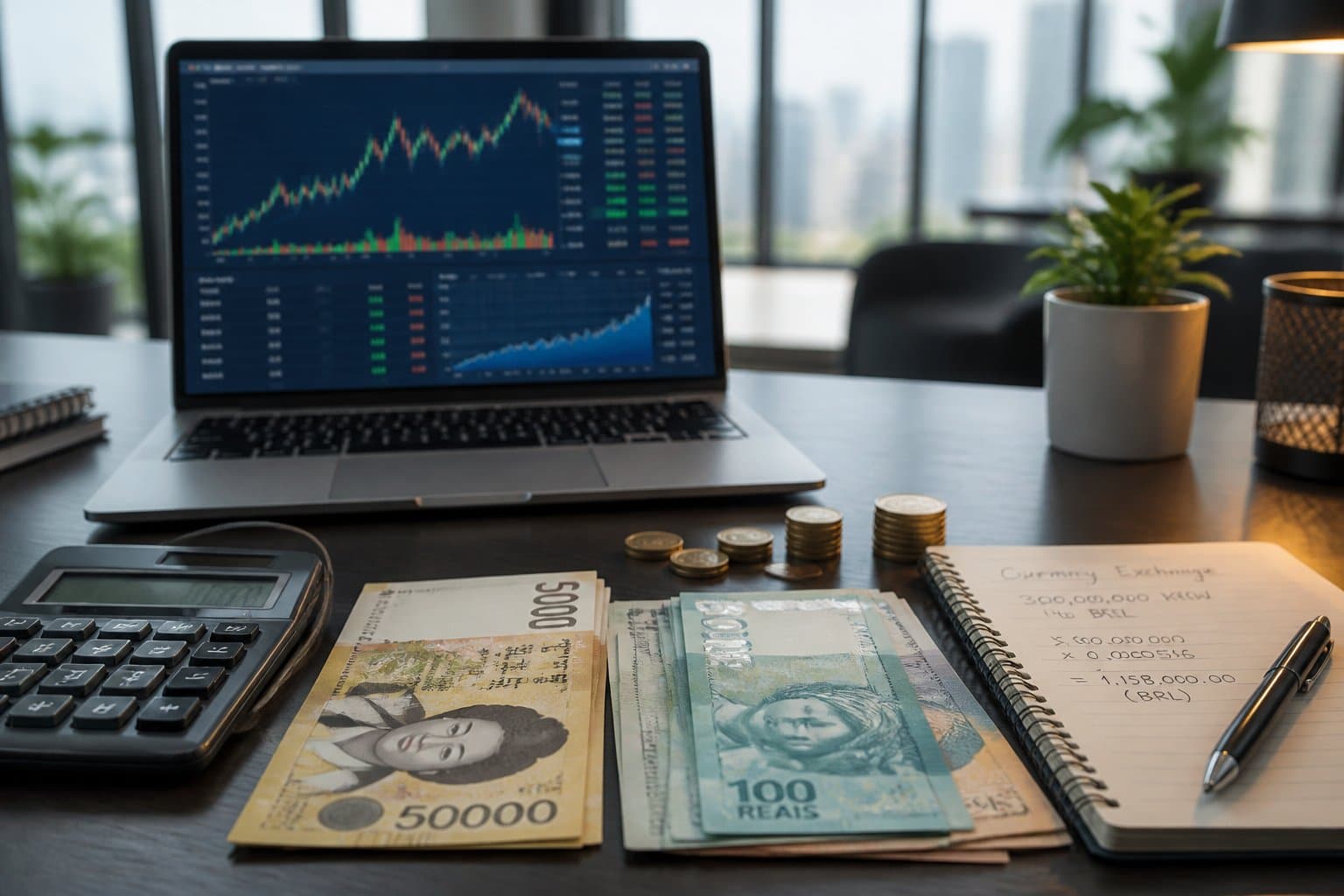 Mesa de escritório com laptop mostrando gráficos financeiros, cédulas de won sul-coreano e reais brasileiros lado a lado, calculadora e bloco de notas.