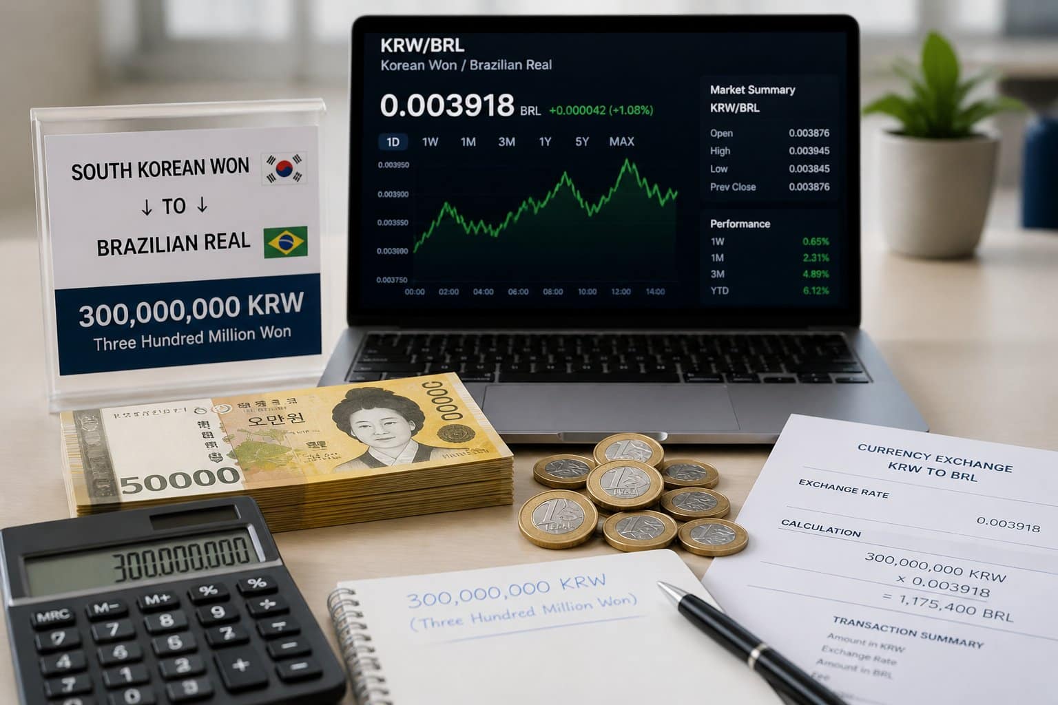 Mesa de trabalho com notas de won sul-coreano, moedas de real brasileiro, laptop mostrando gráficos de câmbio e uma calculadora.