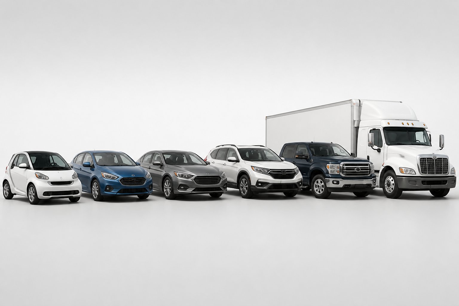 Vários carros de diferentes tamanhos e tipos alinhados lado a lado para mostrar categorias de peso de veículos.