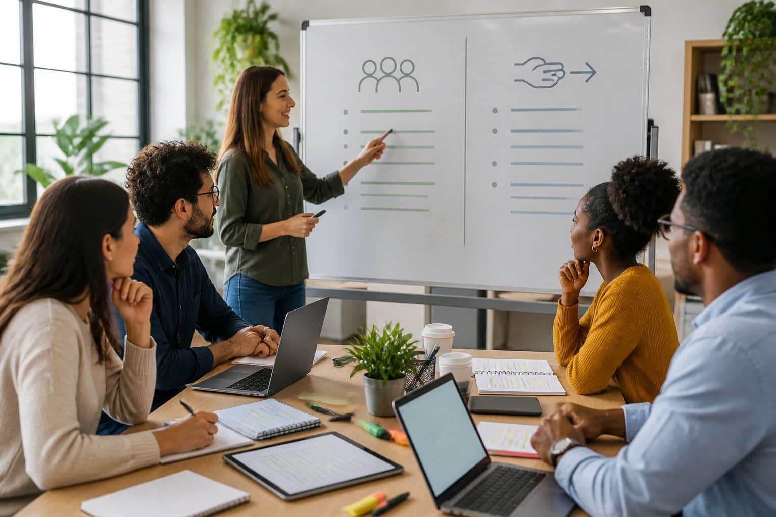 Grupo de profissionais discutindo gramática em uma sala de reunião moderna, com notebooks e quadro branco ao fundo mostrando conceitos diferentes.