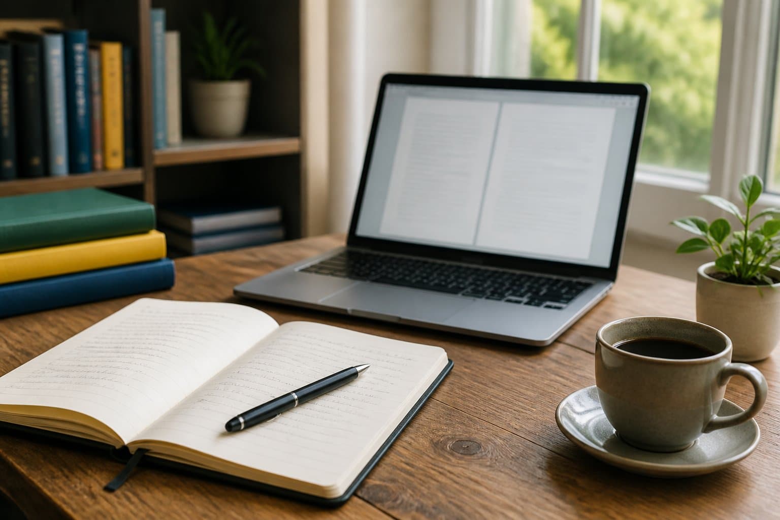 Mesa de trabalho com caderno aberto, laptop, caneca de café e livros ao fundo, em ambiente iluminado por luz natural.
