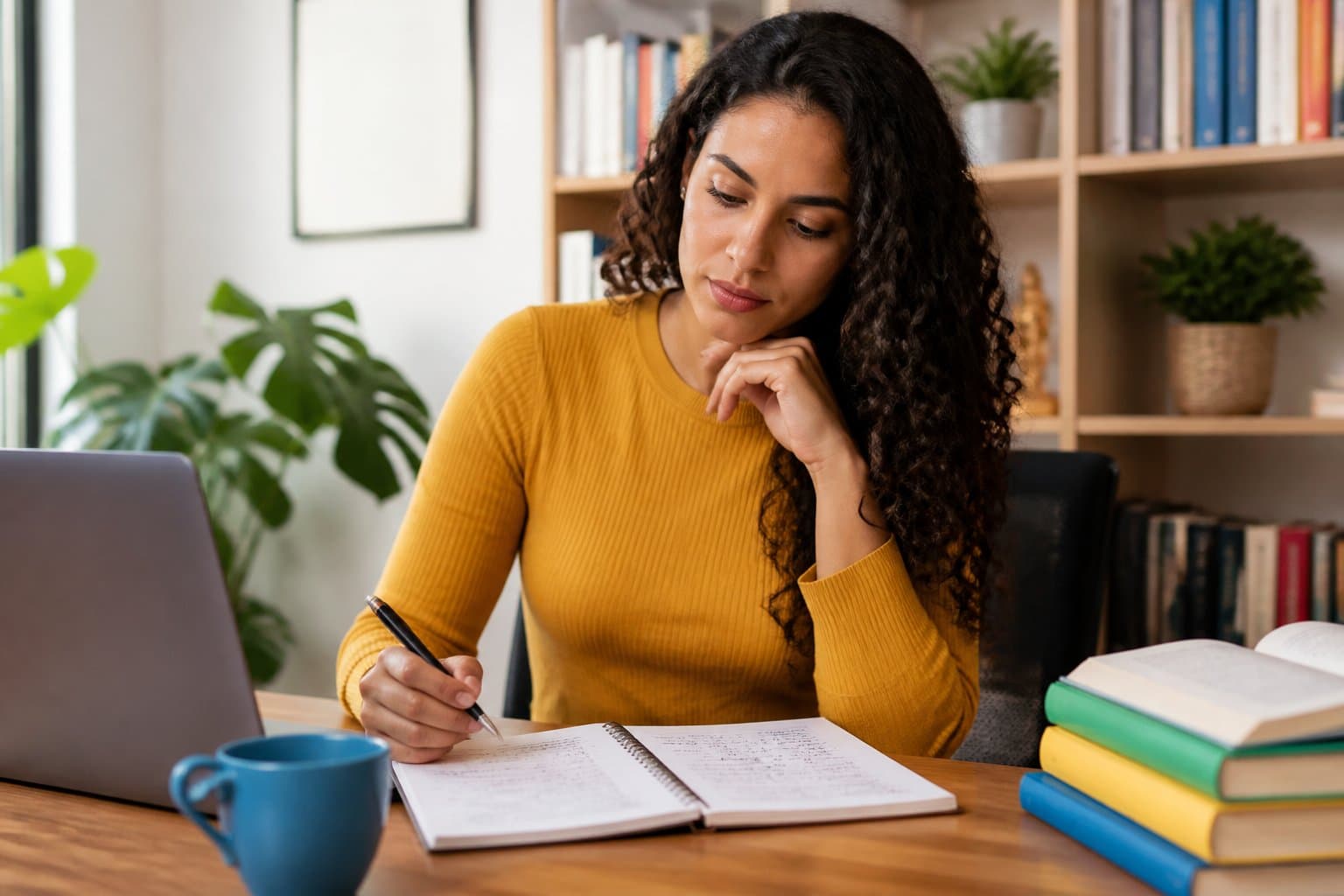 Mulher jovem sentada em uma mesa de escritório, escrevendo em um caderno com livros e laptop ao redor.