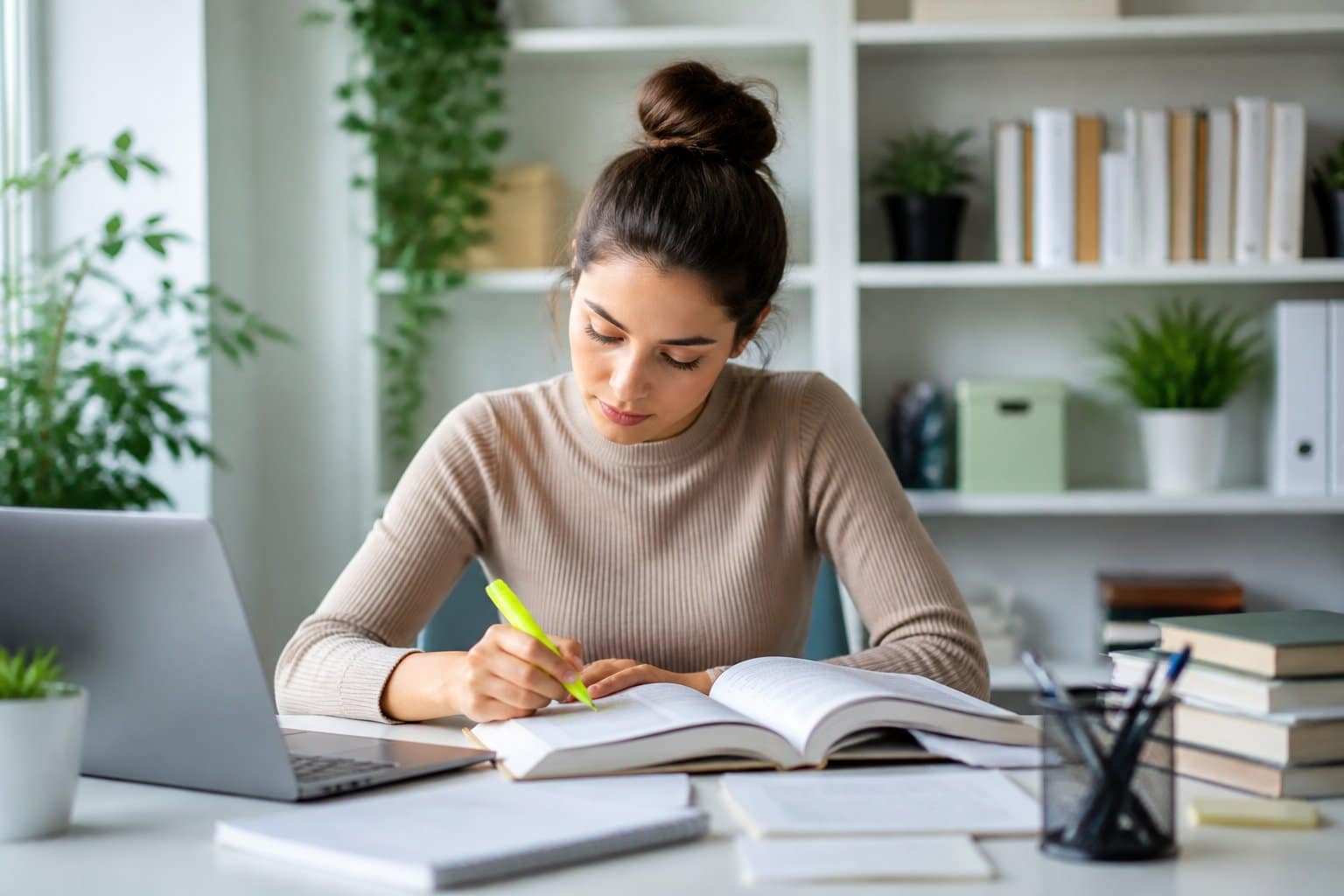 Mulher jovem concentrada estudando gramática em uma mesa com livros e laptop em um ambiente de escritório organizado.