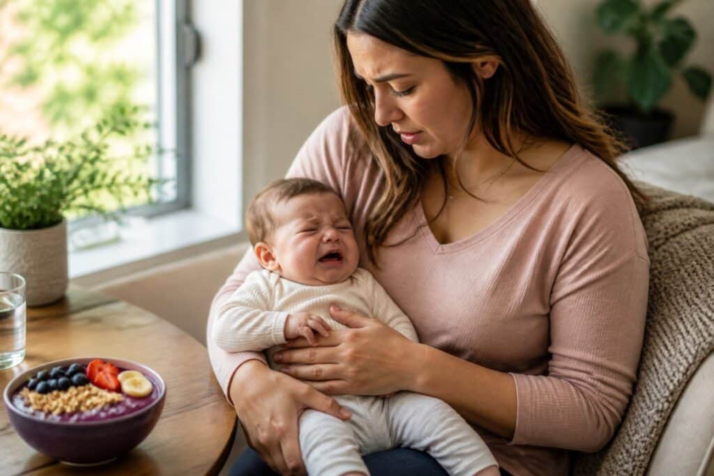 Mãe preocupada confortando seu bebê que parece estar com cólica, com uma tigela de açaí ao lado.