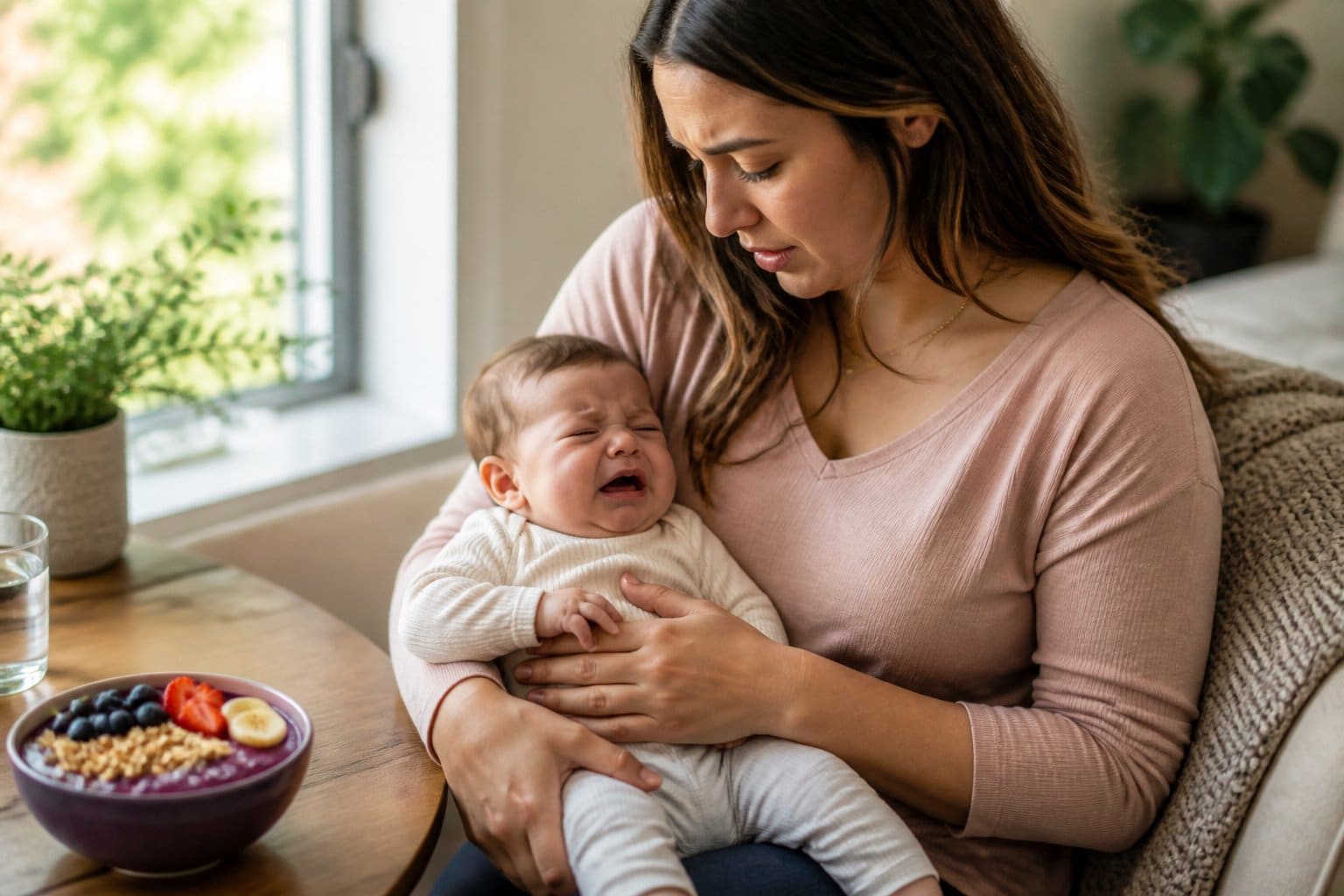 Mãe preocupada confortando seu bebê que parece estar com cólica, com uma tigela de açaí ao lado.