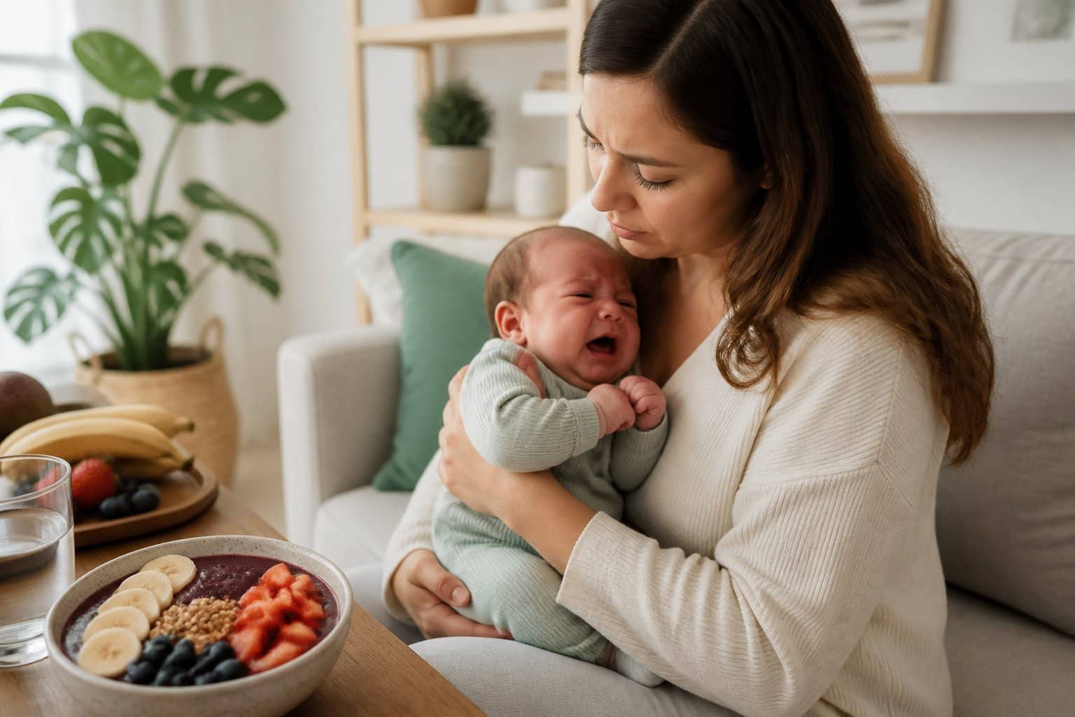 Mãe segurando seu bebê desconfortável em um ambiente doméstico acolhedor, com uma tigela de açaí e frutas ao fundo.