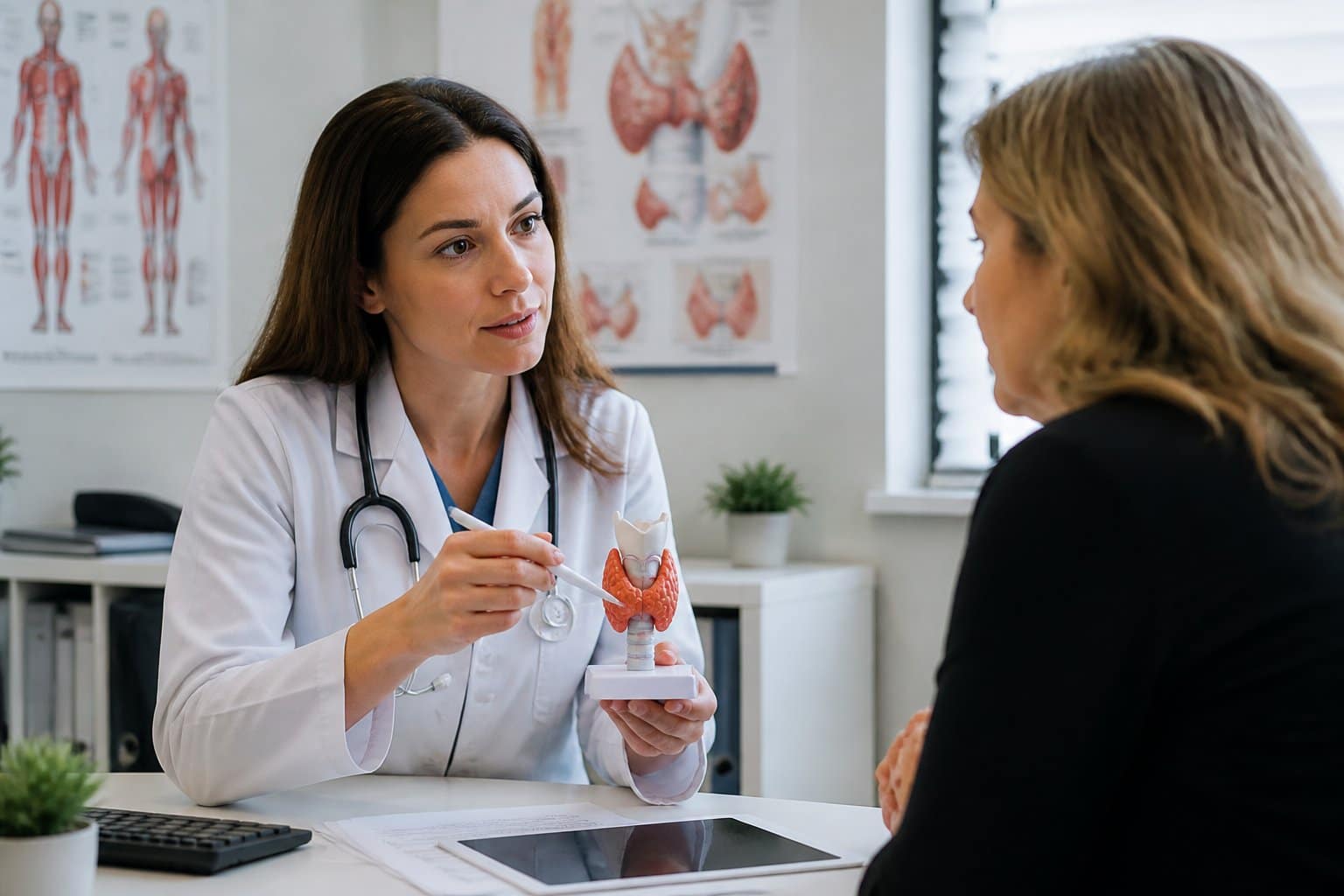 Médica examinando um modelo de glândula tireoide enquanto conversa com uma paciente em um consultório médico.