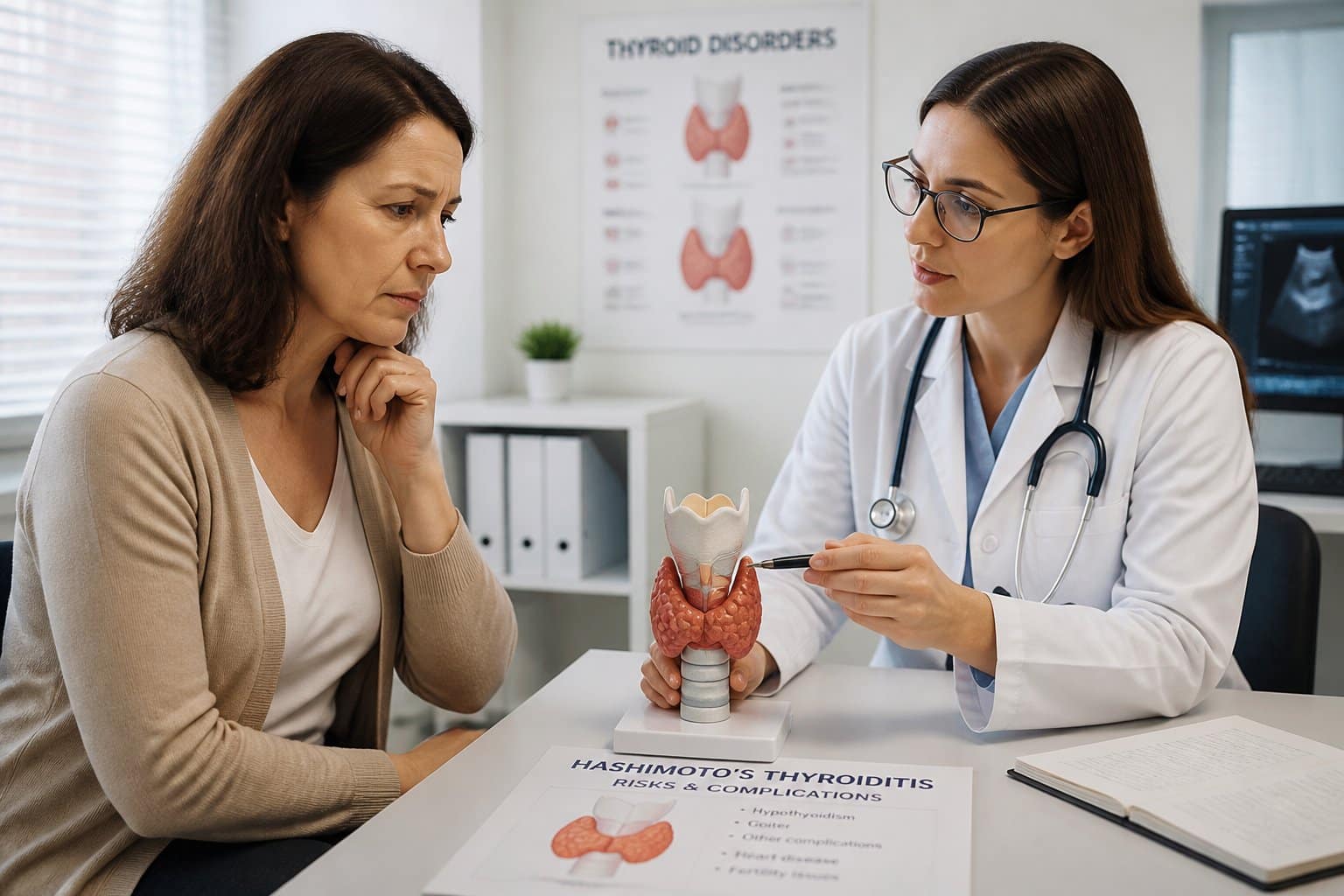Mulher preocupada conversando com endocrinologista em consultório médico, com modelo anatômico da tireoide na mesa.