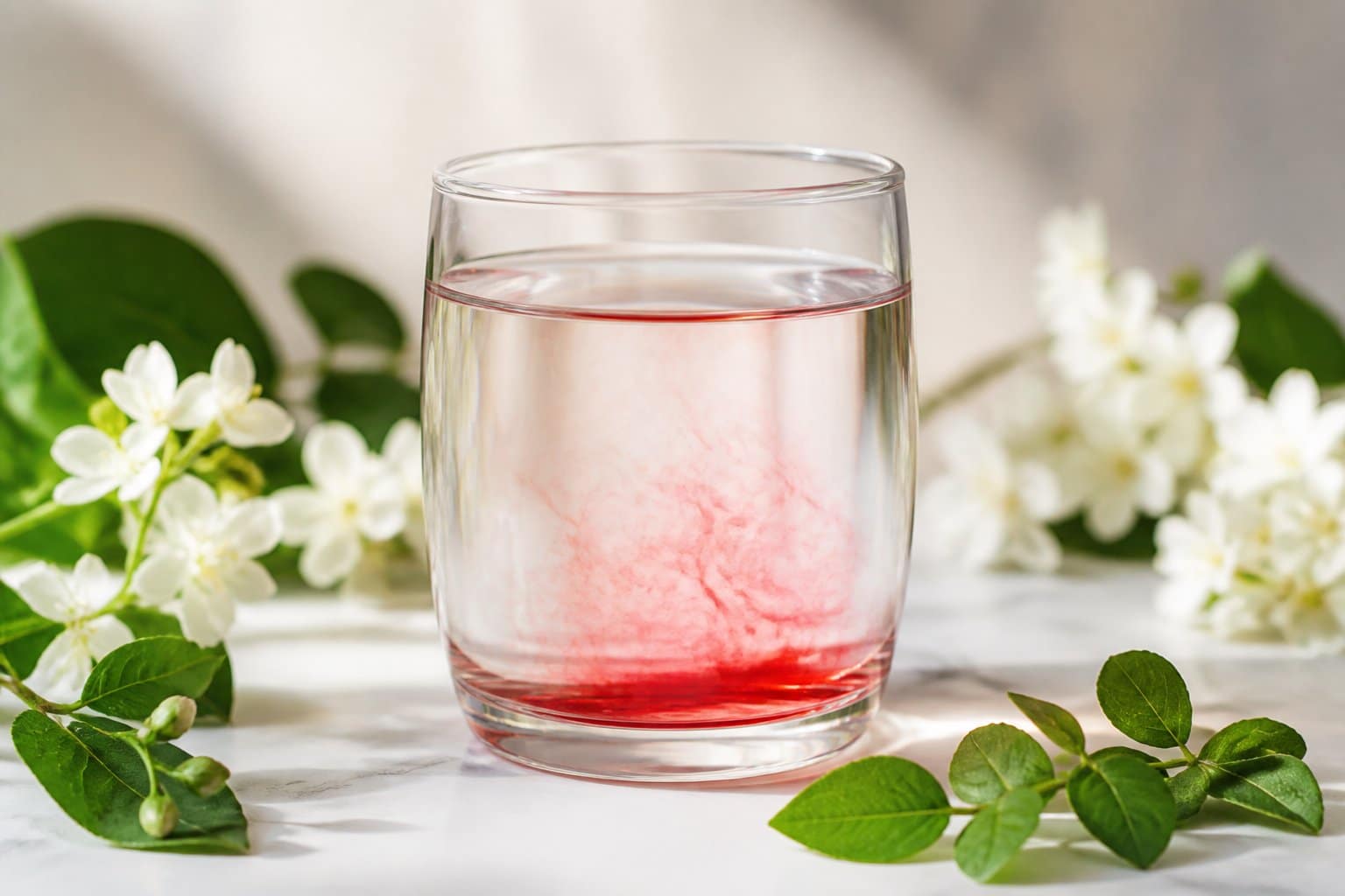 Um copo de vidro com líquido levemente avermelhado sobre uma superfície branca, cercado por folhas verdes e flores brancas.