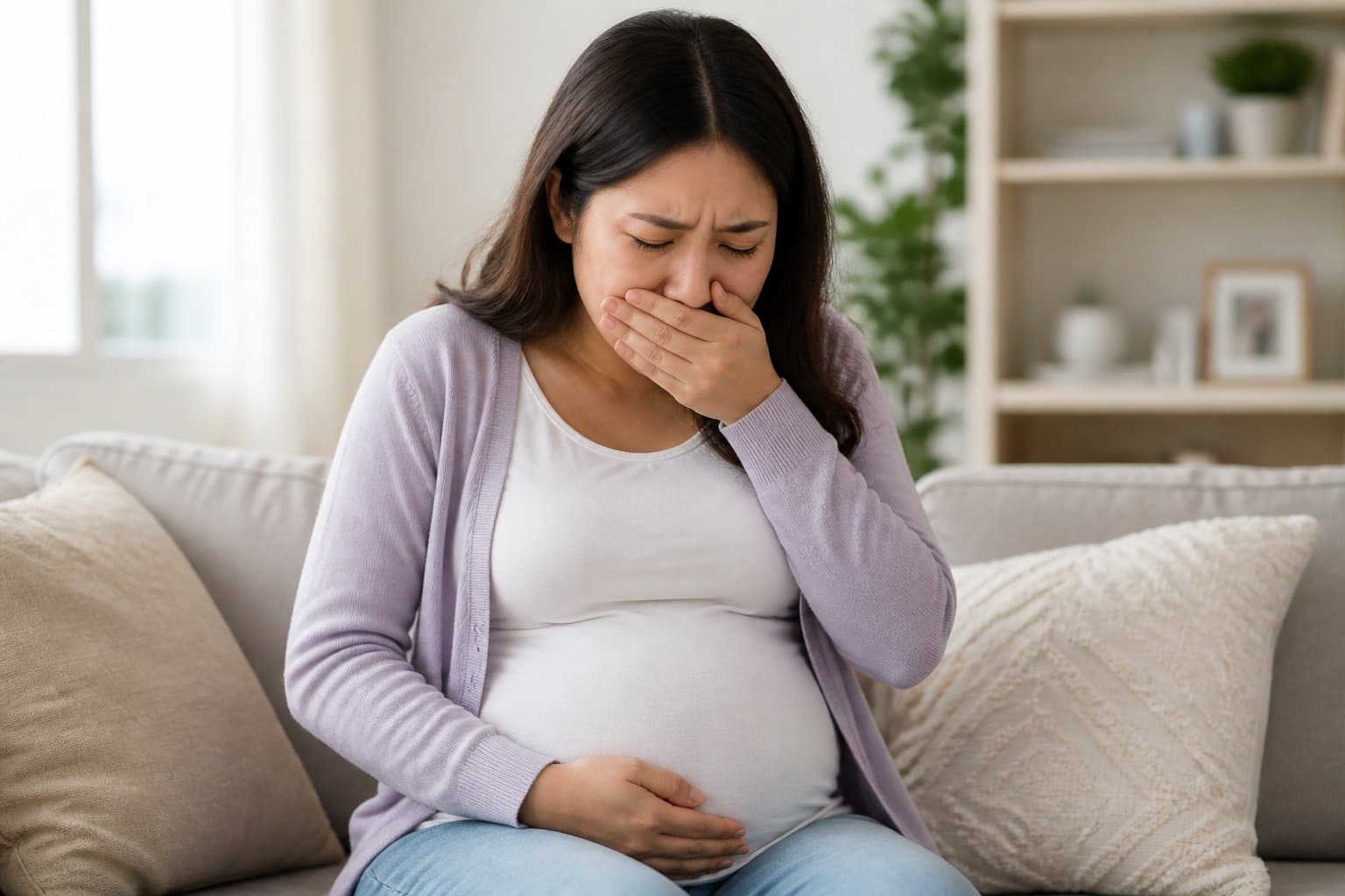 Mulher grávida sentada em um sofá, segurando a barriga e com expressão de náusea.