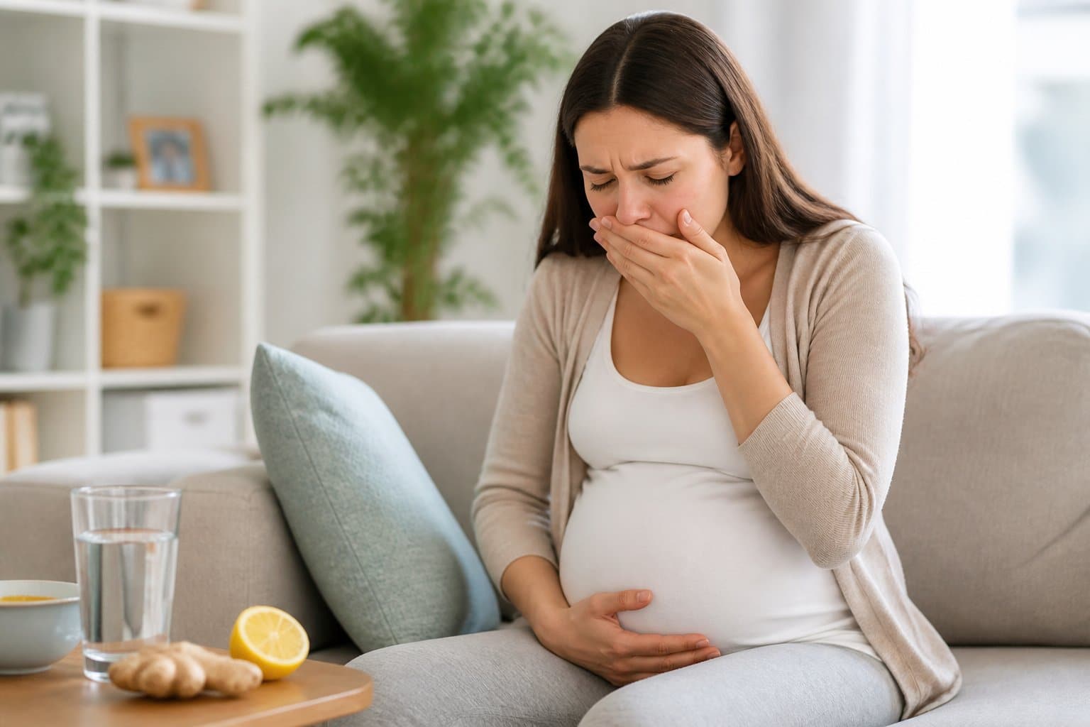 Mulher grávida segurando a barriga com expressão preocupada em ambiente doméstico calmo.
