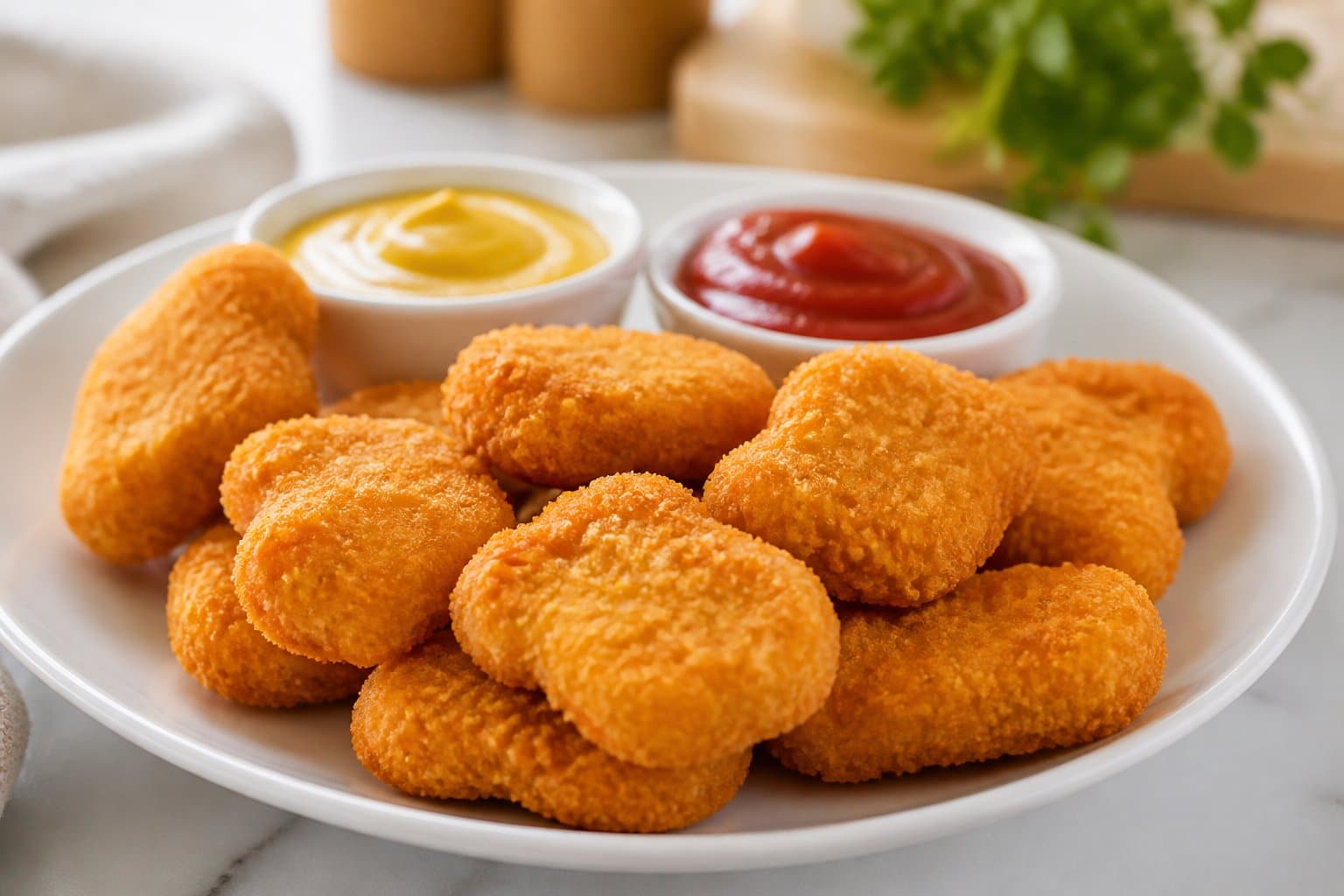 Close-up de nuggets de frango dourados e crocantes em um prato branco com molhos para acompanhar, em um ambiente de cozinha claro.