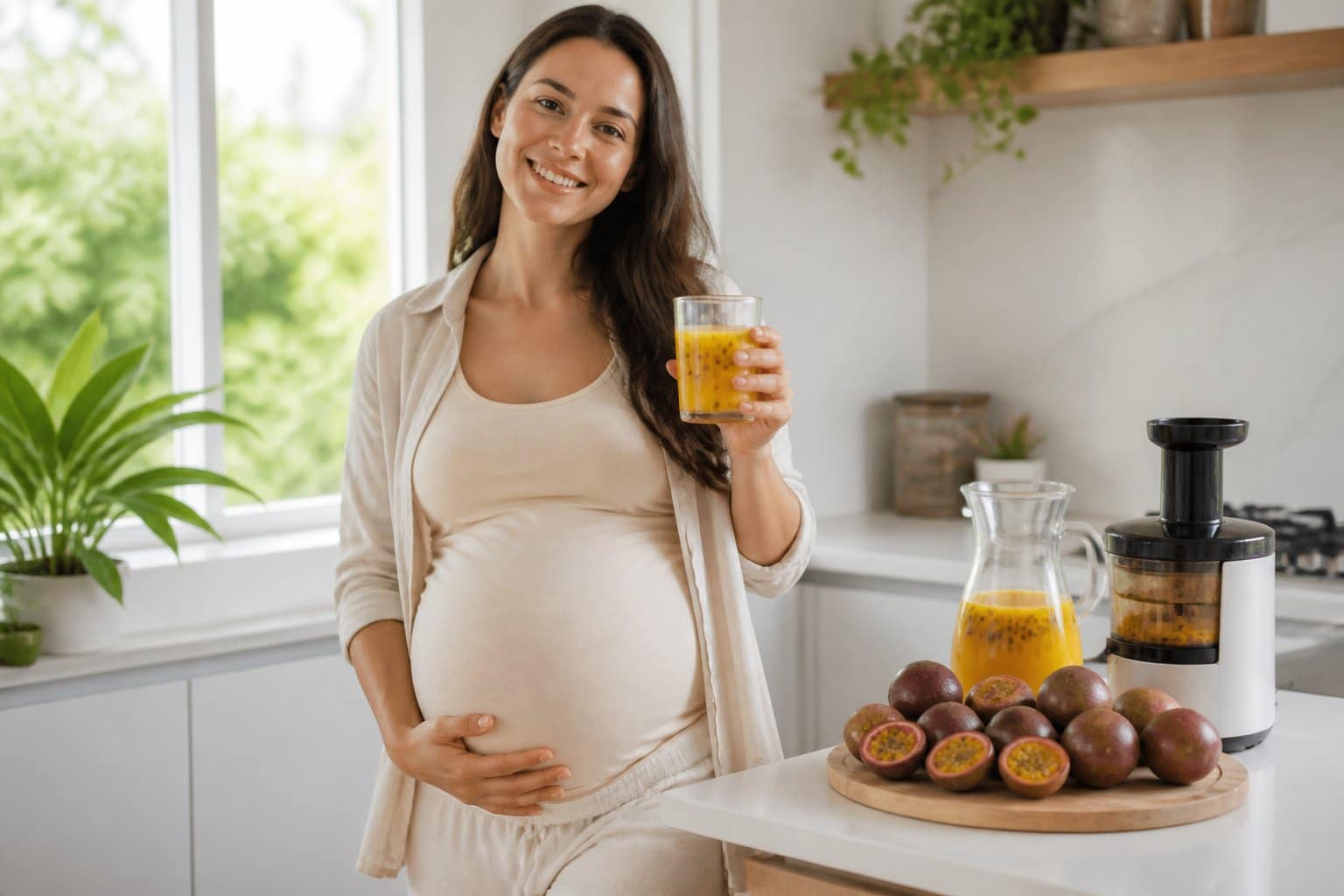 Mulher grávida sorrindo, segurando um copo de suco de maracujá em uma cozinha iluminada.