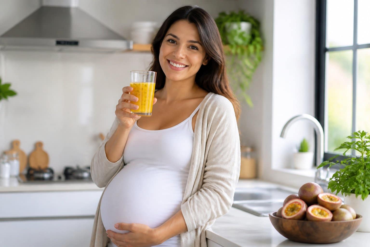 Mulher grávida segurando um copo de suco de maracujá em uma cozinha iluminada e acolhedora.