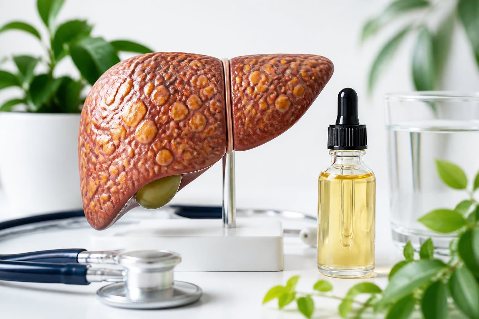 Modelo de fígado humano com gota de medicamento ao lado, em ambiente clínico com folhas verdes e copo de água.