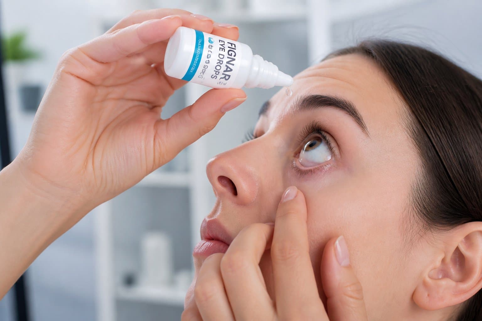 Pessoa aplicando gotas nos olhos em um ambiente limpo e iluminado, mostrando o uso de colírio para cuidado ocular.