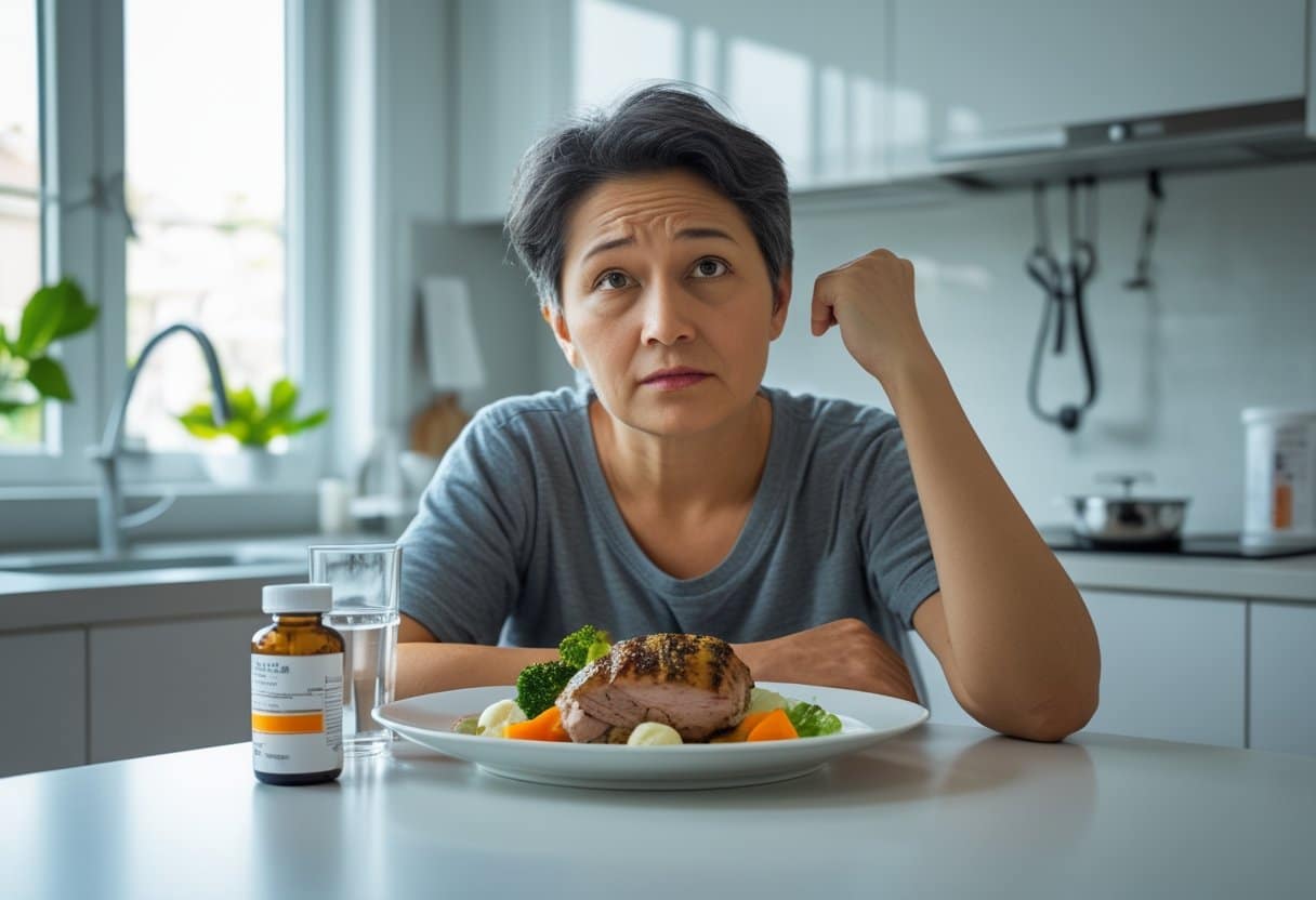 Pessoa pensativa sentada à mesa da cozinha com um prato de carne de porco e um frasco de antibiótico à frente.