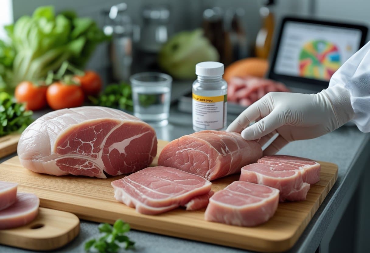 Bancada de cozinha com cortes de carne de porco frescos, uma mão com luva tocando a carne, um frasco de antibióticos e um copo de água ao lado.