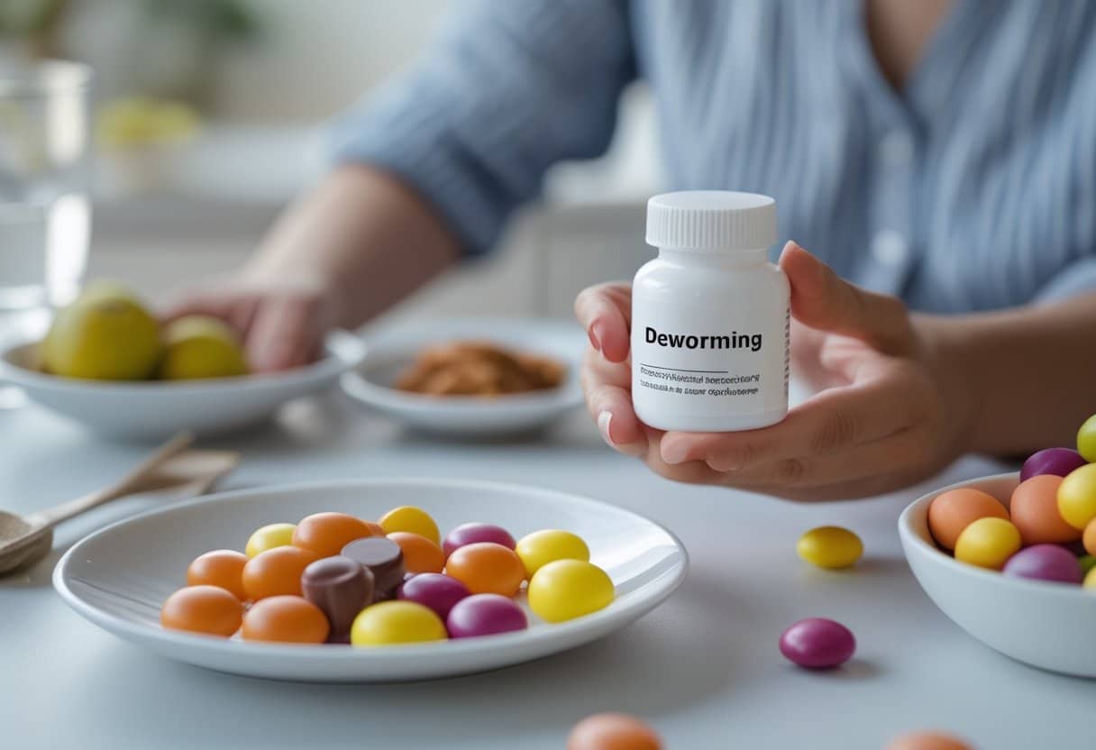 Mãos segurando um frasco de remédio para vermes ao lado de um prato com doces coloridos sobre uma mesa.