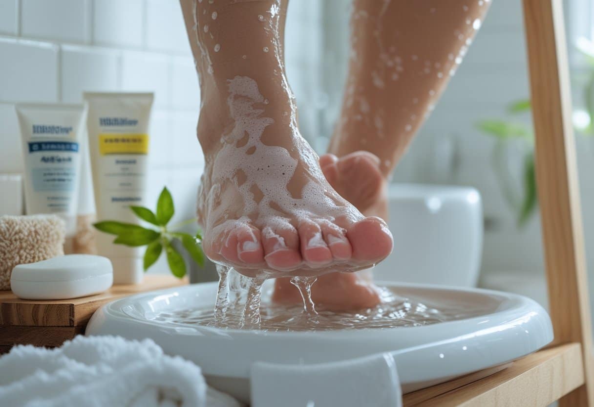 Pessoa cuidando dos pés em banheiro limpo, lavando-os com água e sabão, com produtos de cuidados próximos.