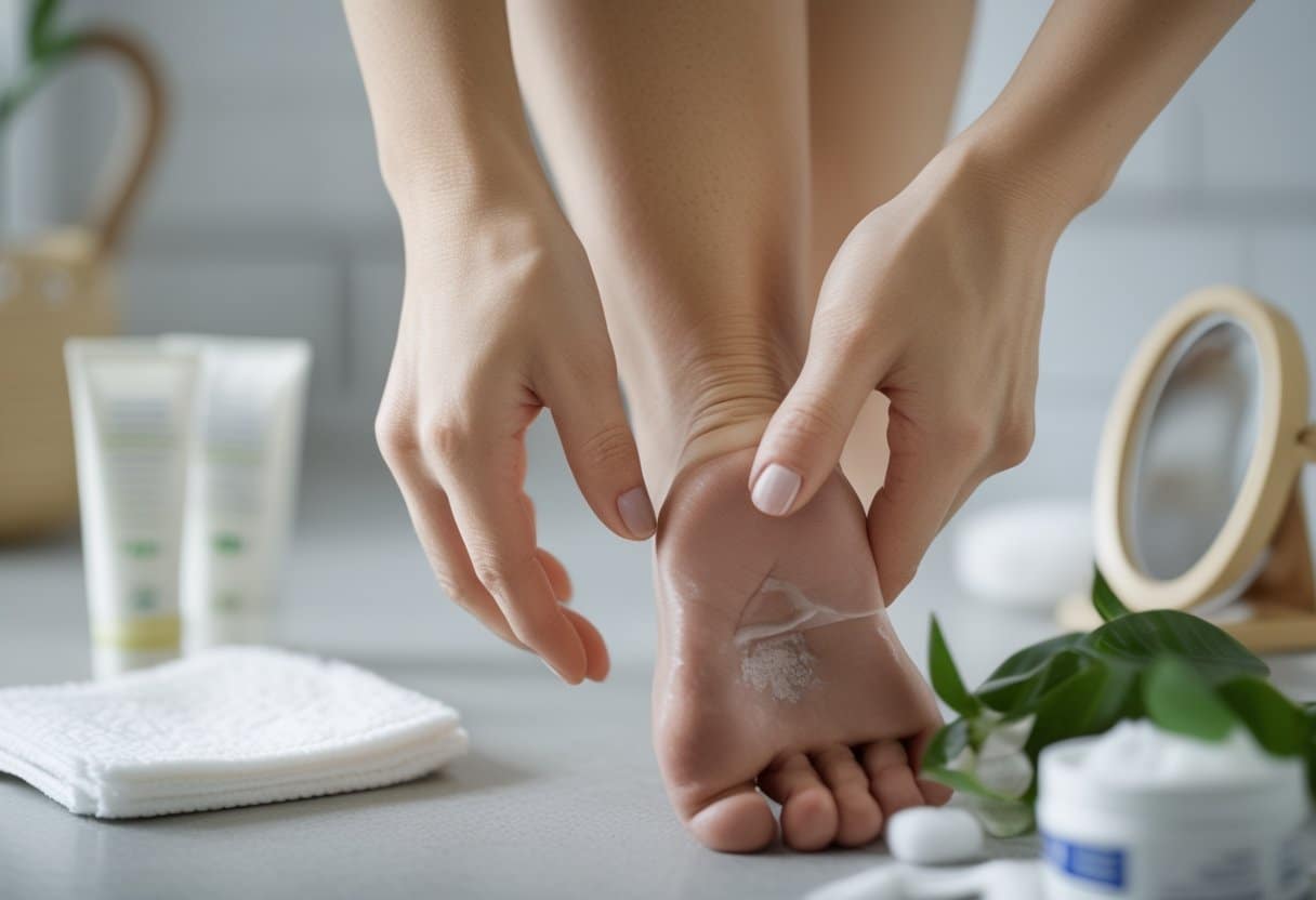 Pessoa examinando cuidadosamente o pé para identificar sintomas iniciais de dermatofitose, com produtos de autocuidado ao lado.